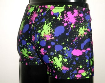 Mens Graffiti Shorts, Neon Booty Shorts, S M L XL, Neon Paint Splat Print, Spandex, Hot Yoga, Burning Man, Festival Clothing, Mooners UK