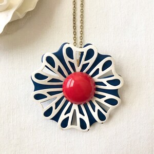 Red,White and Blue Enamel Flower Brooch Necklace Vintage 60's Necklace