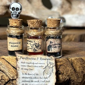 May include: Three small glass bottles with cork stoppers, labeled "Whispers of Anubis", "SHEE'S", and "EGYPTIAN TOME DUST". A small skull sits atop one bottle. A scroll with text about purification and renewal is in front.