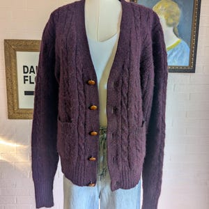 Vintage 80s Wool Grandpa Cardigan Plum Heathered Purple Cable Knit Sweater S/M with Leather Style Buttons Chunky Textured Knit Classic