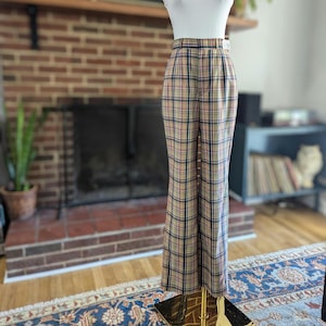 1970s NWT Women&#39;s High Waist Rainbow Plaid Wool Pants, New With Tags, Straight Leg Wide Leg