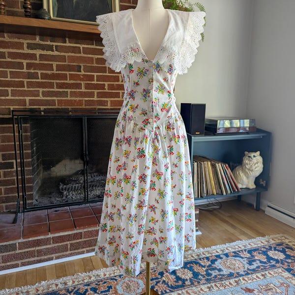 Vestido floral vintage de los 80 con cuello de ojal – Robin Gayle, talla 7 / Estilo cottagecore, estilo pradera, corte midi primaveral / Hecho en EE. UU.