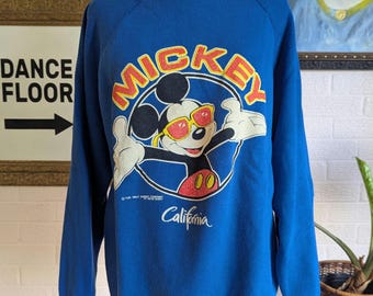 Vintage 80s Mickey Mouse Velva Sheen Sweatshirt XL Blue Raglan California Graphic Disney Pullover Soft Faded Retro Unisex Crewneck M L