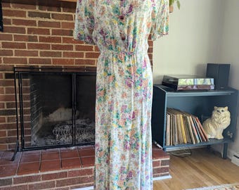 Vintage 80s 90s Handmade Floral Midi Dress – Pastel Coastal Cottagecore Button Front Dress with Elastic Waist, M/L Satin Round Buttons