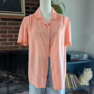 Vintage 80s Peach Blouse: Embroidered Eyelet Lace Collar, Cottagecore Top