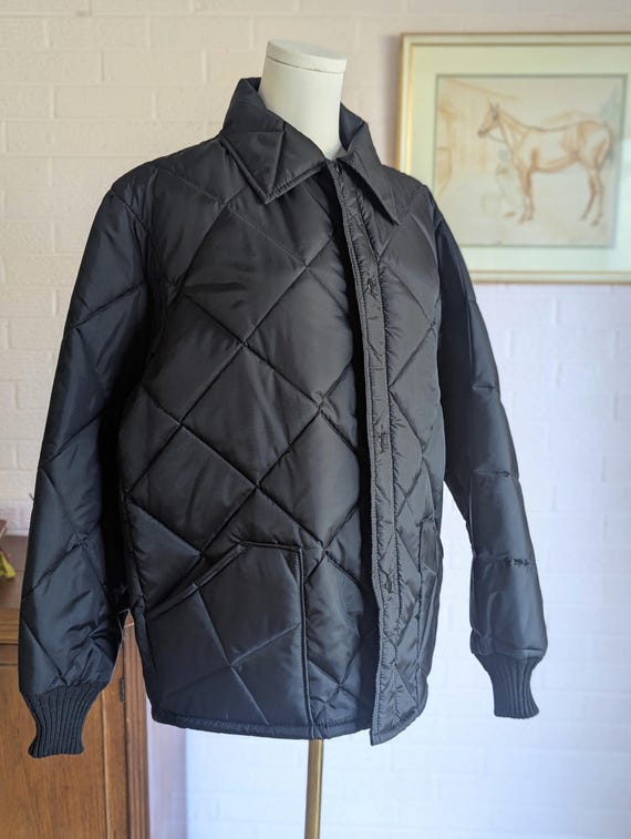 OshKosh B'gosh, Vintage 70s OshKosh B'Gosh Black Quilted Jacket, Diamond Stitch Puffer Coat, Size Large