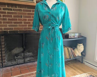 1960s Teal Shirt Dress | Abstract Print Belted Midi | Cottagecore Mod Style | Puff Sleeve Vintage Day Dress