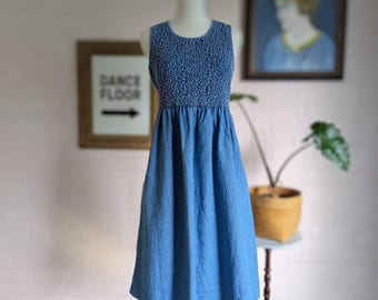 Vintage 90s Chambray Smocked Midi Dress by d.frank | Cottagecore Denim Chambray Sundress w/ Pockets | Size Small