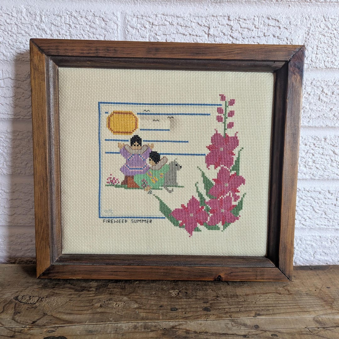 vintage-1985-cross-stitch-wall-art-fireweed-summer-native-inspired