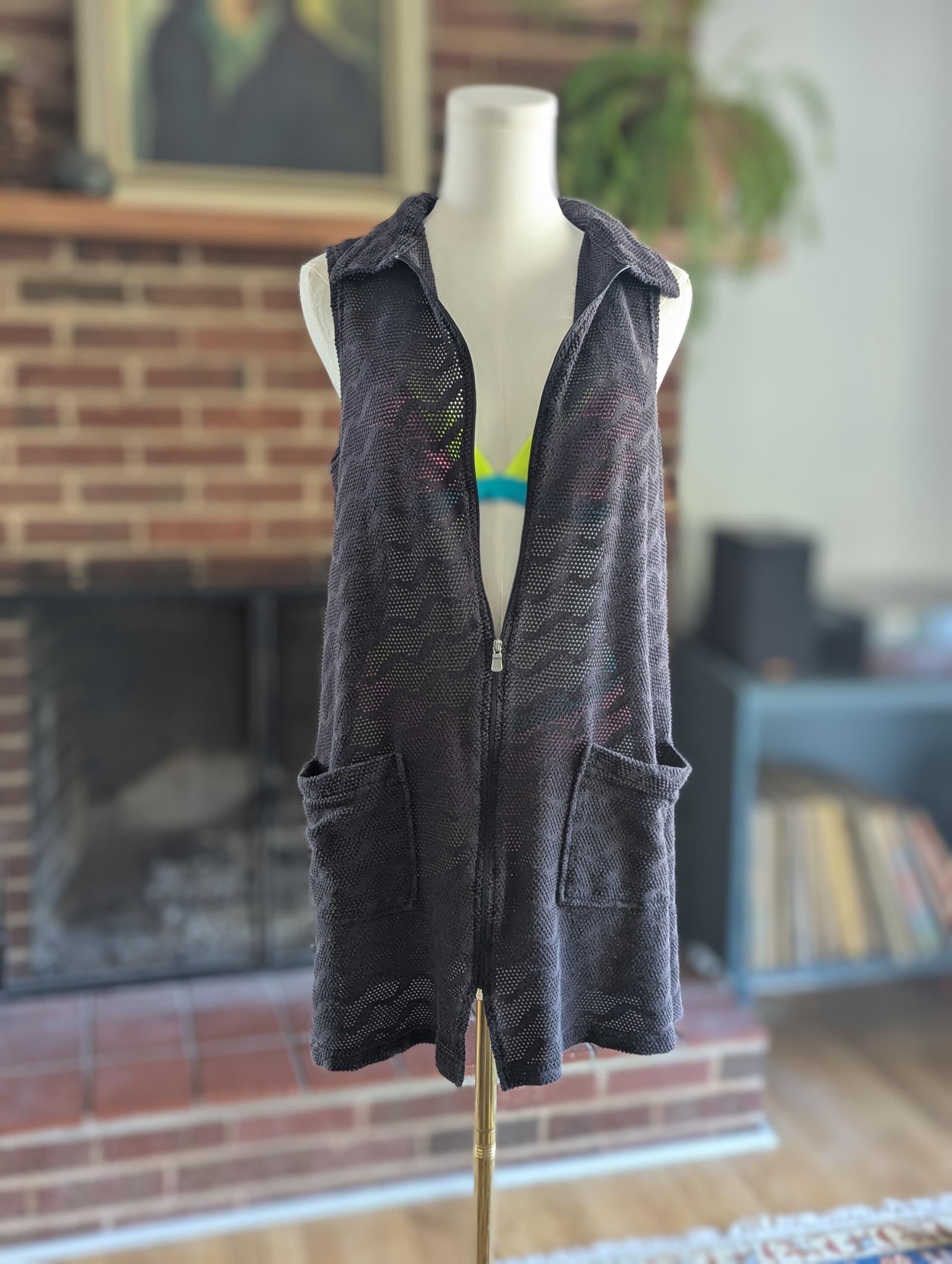 Vintage Y2K Black Mesh Swim Cover-Up – Zip Front Beach Tunic, Festival Boho Resortwear, 90s/2000s Crochet Bathing Suit Cover - Small, Medium
