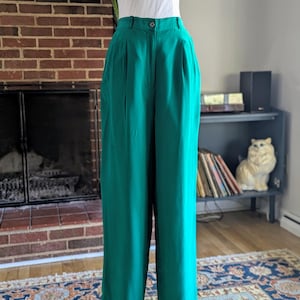 Vintage 90s 100% Silk Emerald Green Pants Size 8-10, Medium by Stephanie Andrews, High Waisted Wide Leg Trousers, Minimalist Office Chic