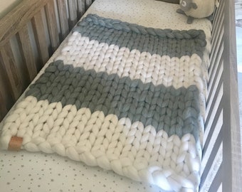 Striped Chunky knitted Merino Baby Blanket