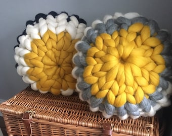 Large Chunky knitted Merino Dandelion stripe round cushion