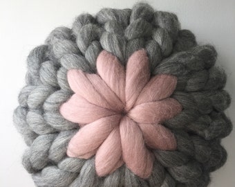 The Mini Dandelion stripe Chunky knitted Merino round cushion