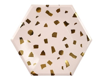 Blush and Gold Confetti Plates - 8 Large Plates Included