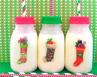 20 CUTE CHRISTMAS Cups for Kids!!! Plastic Milk Bottles with lids for parties!!! Bottles, Lids, Stickers, and Straws Included.