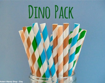 Dino Straws in Brown, Green, Blue, and Tan (Dino Pack - Pack of 25 or 50)