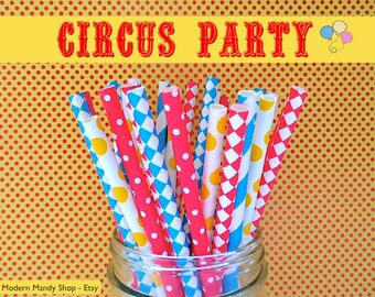 Circus Party Straws - Red, Blue, & Yellow Mixed Paper Straws (Circus Party - Packs of 25 or 50 straws) Circus or Carnival Theme Party