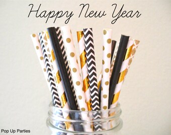 NEW!!! New Years Mixed Gold and Black Paper Straws (Pack of 25 or 50) New Years, Black & Gold Party