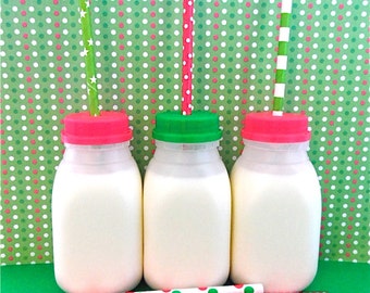 24 Cute CHRISTMAS CUPS for kids!!! Plastic Milk Bottles with lids for parties!!! Bottles, Lids, and Straws Included.