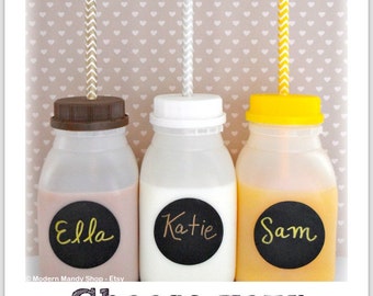 25 Milk Bottles - Super Cute KIDS cups / bottles (lids with straw holes and labels included!!) Perfect for parties and party favor bottles!!