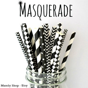 Black and White Mixed Paper Straws (Masquerade - Pack of 25 or 50) Black Themed Party - Over The Hill Party - Black & White