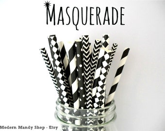 Black and White Mixed Paper Straws (Masquerade - Pack of 25 or 50) Black Themed Party - Over The Hill Party - Black & White