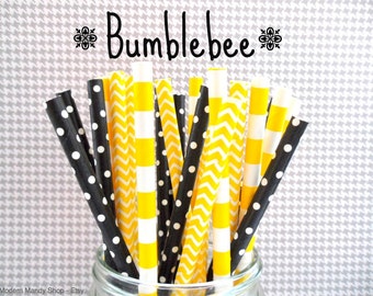 Black & Yellow Paper Straws (Bumblebee - Pack of 25 or 50) **Weddings, Parties, Showers, Gifts** Black and Yellow Bumblebee Party