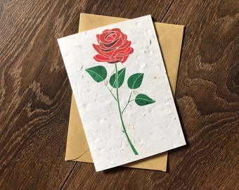 Valentines Day Red Rose Design Plantable Wildflower Seed Card: June Birthday, Wedding Anniversary
