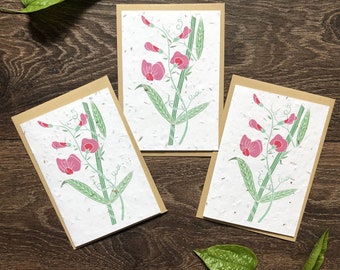 Plantable Wildflower Seed Card Set - April Birth Flower, Sweet Pea Design (Vegan Envelopes)