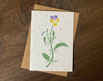 Wild Pansy Plantable Seed Card with Vegan Envelope - Viola Wildflower Birthday Card - Botanical Illustration - Eco Friendly Mothers Day Card