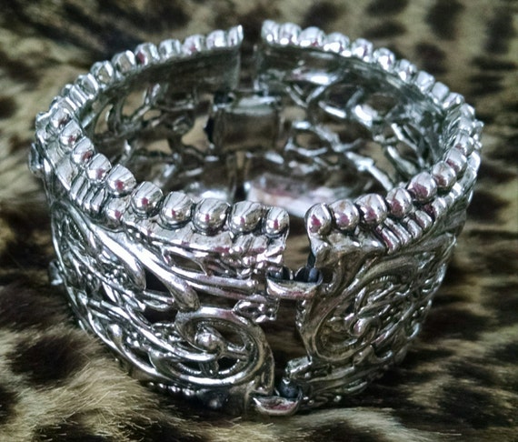 Silver Plate Chunky Bracelet ~ Ornate ~ Vintage Costume Jewelry 