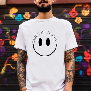 Koszulka Smile Be Happy dla mężczyzn lub kobiet, krótki rękaw z pozytywnym przesłaniem, idealna na prezent dla rodziny lub przyjaciół