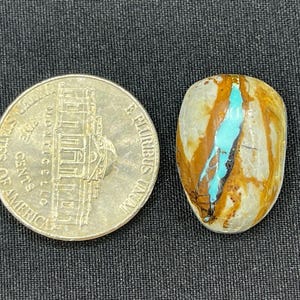 May include: A silver nickel coin next to a polished, oval-shaped gemstone. The gemstone features a striking turquoise vein running through a matrix of brown and cream colors. The coin is a United States nickel.
