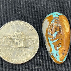 May include: A polished, oval-shaped gemstone with a mix of brown, turquoise, and white colors. A U.S. five-cent coin is next to the gemstone for size comparison. The gemstone has a unique pattern and is set against a dark background.