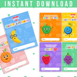 Puede incluir: Un conjunto de tarjetas imprimibles coloridas con ilustraciones de frutas. Cada tarjeta presenta un personaje de fruta diferente con una cara sonriente y un mensaje basado en un juego de palabras. Las tarjetas están diseñadas para regalar e incluyen espacio para escribir "De:"