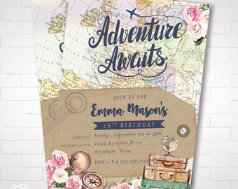 Puede incluir: Un conjunto de invitaciones con temática de viajes con un diseño de mapa vintage. La invitación superior dice "Adventure Awaits" con detalles florales. La invitación inferior es una etiqueta con el texto "Emma Mason's 16th Birthday". Incluye una brújula, un globo terráqueo y maletas apiladas.