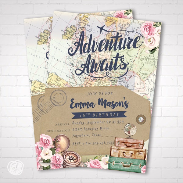 Adventure Awaits Travel Birthday Invitation