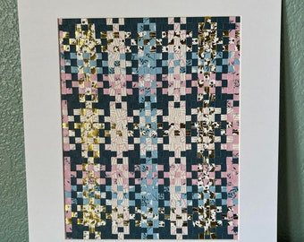 Rosa, Blau, Weiß & Goldweberei, Papierweberei, Originalkunst, 8x10 Zoll, handgefertigt