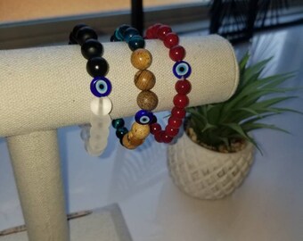 3-pack Protection Evil Eye Bracelets with Semi-Precious gemstones & Zodiac Elements