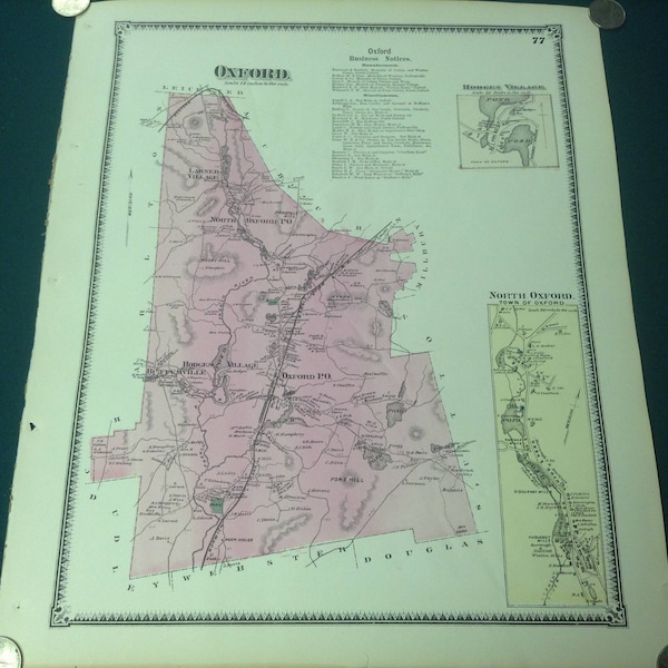 1870 Town Map of Oxford, Worcester County MA - (15x13 inches) Large Antique rare original town map w/ incredible detail.