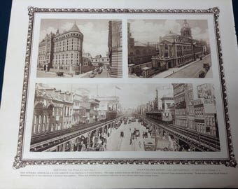 Vintage New York City Print (The Bowery, Chinatown)-NYC-12x10 Beautiful Antique Rotogravure Print. Fine detail with ornate border.