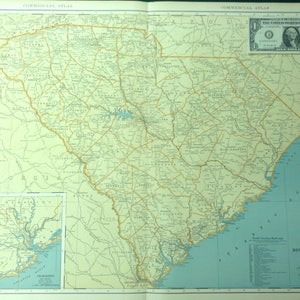 1931 Antique Map of South Carolina(Charleston, Columbia, Spartenburg)-Xtra Large(Commercial size-28x20.5) map w/ nice color and fine detail.