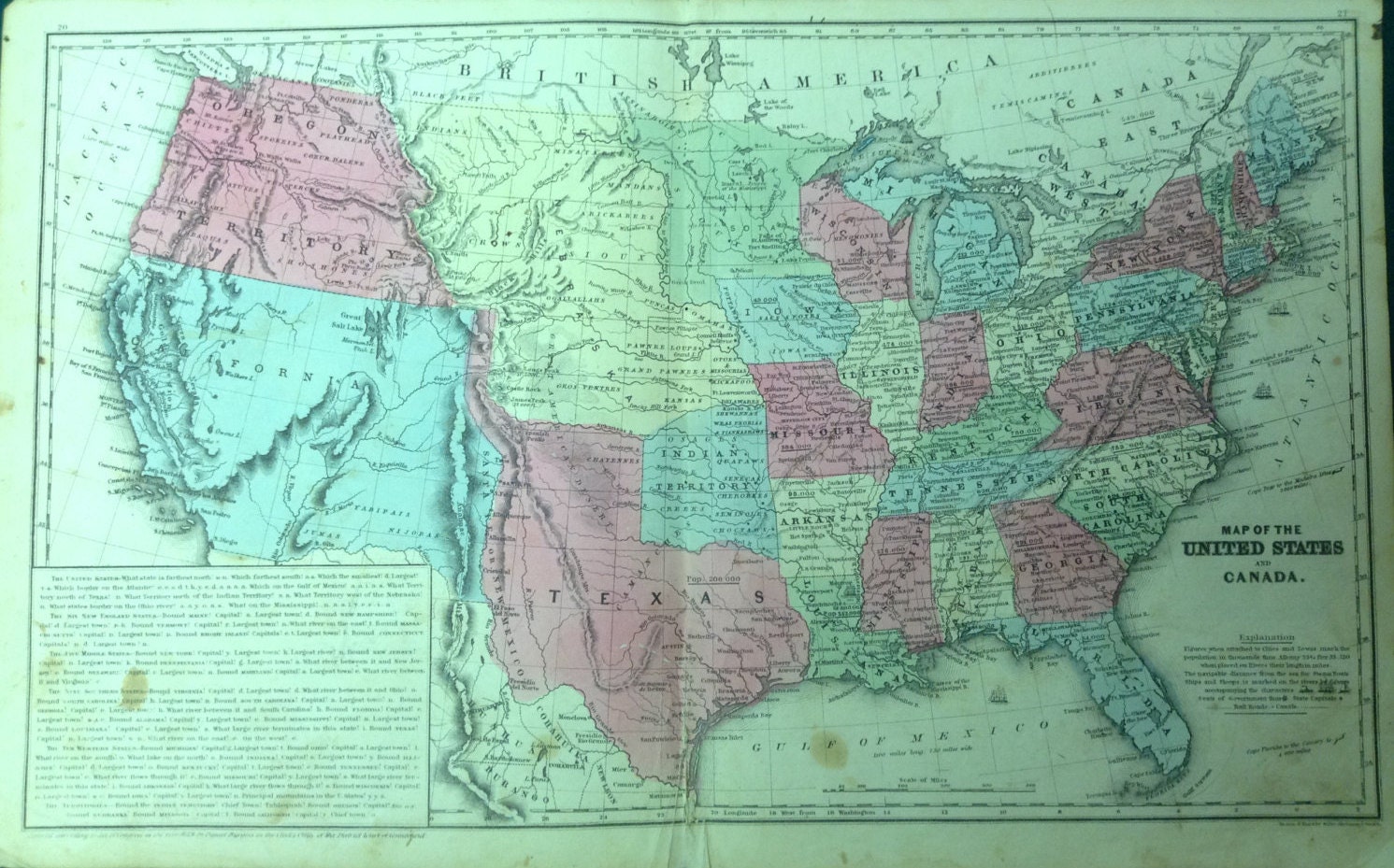 1850 United States Antique Map Texas California Oregon and