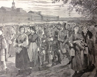 May include: A black and white engraving depicting a large crowd of people, mostly women and children, standing in a line outside a building. The people are holding buckets and pails, and some are carrying baskets. The building appears to be a large, brick structure with a tall tower.