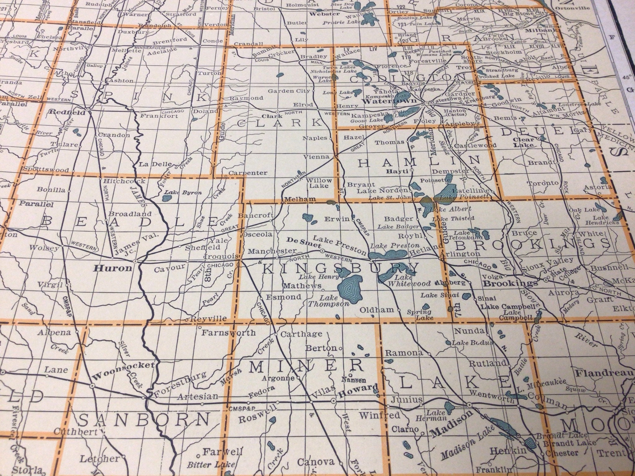 1931 Antique Map of South Dakota sioux Falls Deadwood