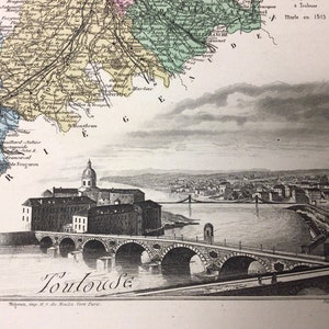 Antique map of Haute-Garonne-France-1881, (13.5 x 10.5 sheet size)(Viticulture map, Toulouse, Occitanie) Beautiful engravings and vignettes.