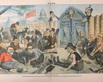 PUCK magazine Chromolithograph - Political Satire-"Still Waiting"-Democrats & Republicans-August 15th, 1883 issue - XL (20 x 13.5 inches).