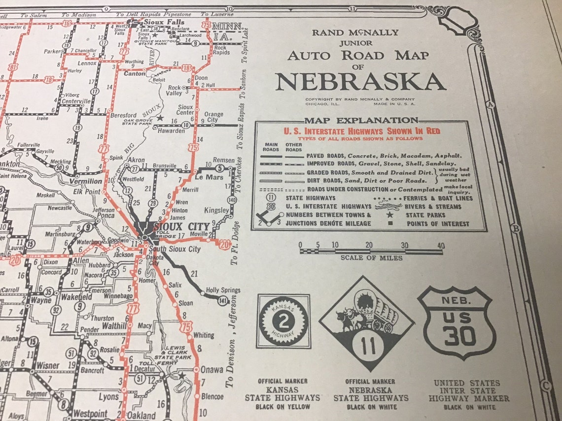 1931 Antique Early Rare Road Map Of Nebraska Omaha Lincoln Etsy