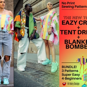 Könnte beinhalten: Drei Schnittmuster für ein Crop-Top, ein Zeltkleid und eine Blanket-Bomberjacke. Die Schnittmuster heißen "The New York Eazy Crop", "Tent Dress" und "Blanket Bomber". Die Schnittmuster sind als Bundle erhältlich und werden als "Super Easy" und "4-Beginners" beschrieben.